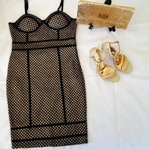 (NWOT) Haute Monde Black & Gold Glitter Body-Con Dress - Juniors Size: Large